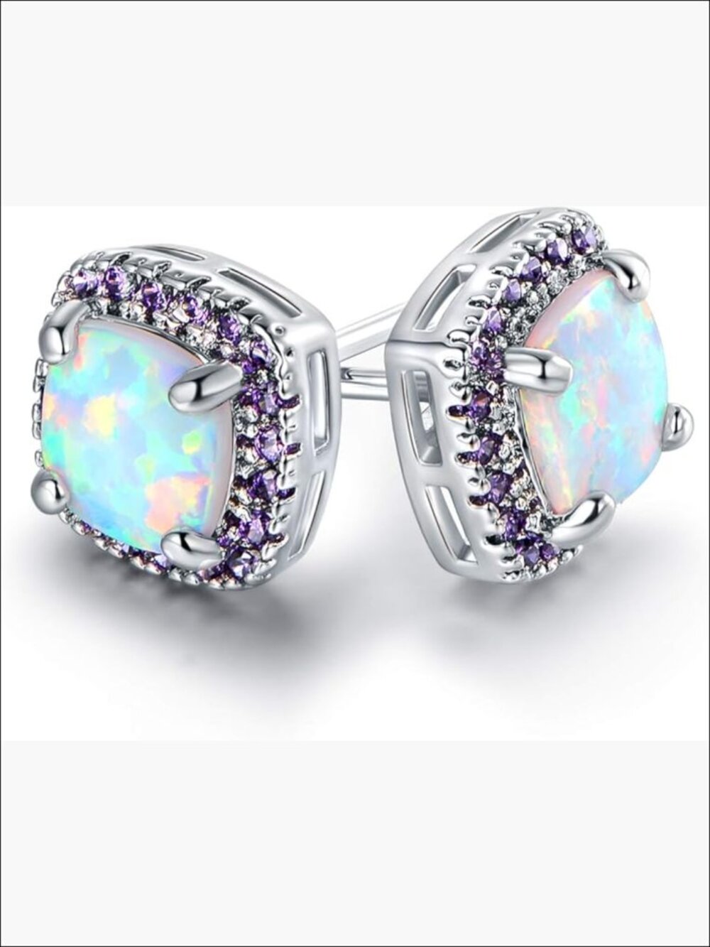 White Gold Plated Created White Opal Stud Earrings For Women